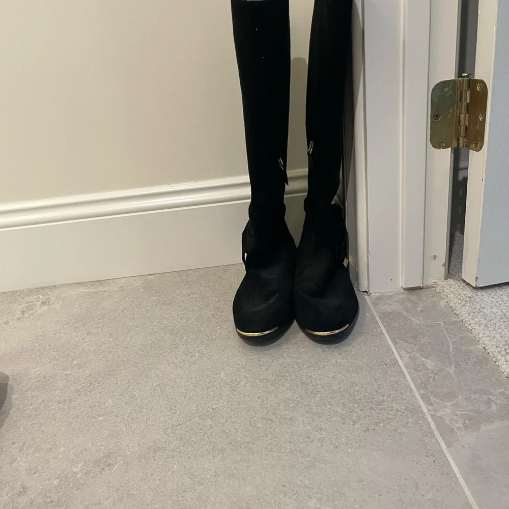 Ted Baker London ALRAMI Black Suede Knee Length Boots with gold detail